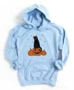 Halloween Black Cat Hoodie light blue