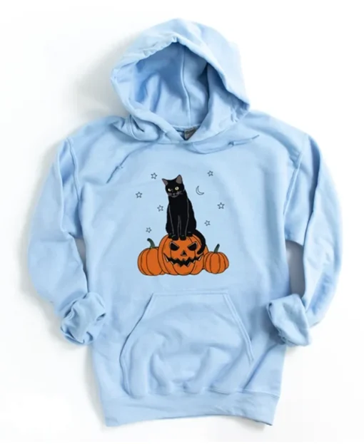 Halloween Black Cat Hoodie light blue