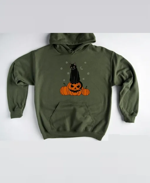 Halloween Black Cat Hoodie military green