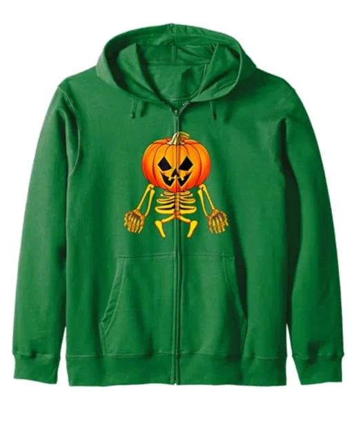 Pumpkin Skeleton Halloween Zip Hoodie Green front