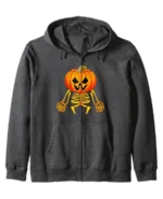 Pumpkin Skeleton Halloween Zip Hoodie Grey front