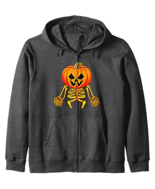 Pumpkin Skeleton Halloween Zip Hoodie Grey front