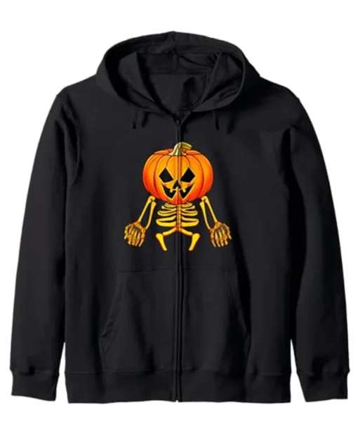 Pumpkin Skeleton Halloween Zip Hoodie black front