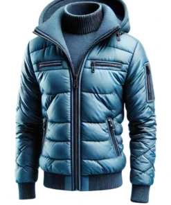 Mens Quilted Teal Blue Hooded Puffer Jacket