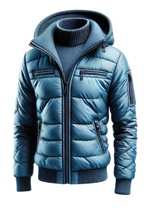 Mens Quilted Teal Blue Hooded Puffer Jacket