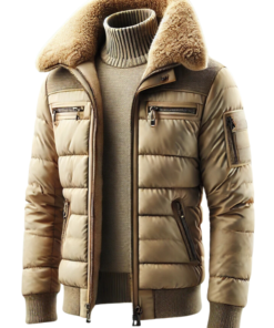 Quilted Beige Shearling Fur Puffer Jacket