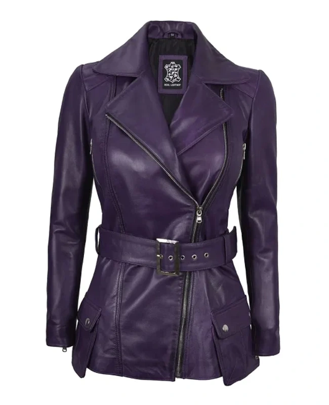 Asymmetrical Purple Belted Leather Jacket For Women's