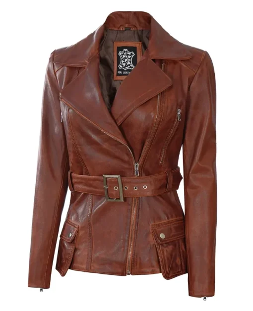 Cognac Wax Leather Biker Jacket For Women's