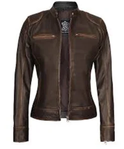 Dodge Womens Dark Brown Cafe Racer Leather Jacket