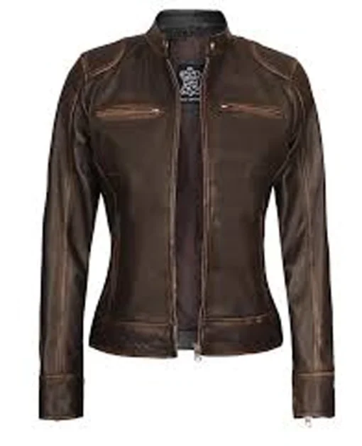 Dodge Womens Dark Brown Cafe Racer Leather Jacket