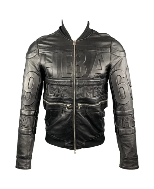 HOOD BY AIR Embossed Black Leather Hockey Bomber Jacket