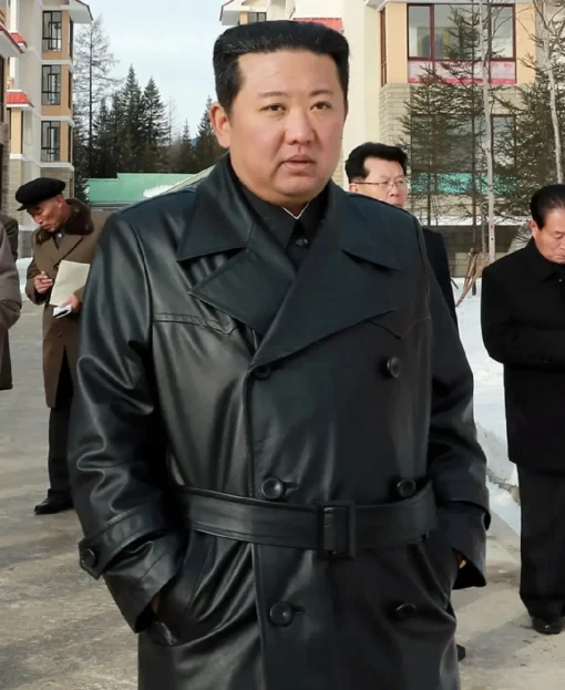 Kim Jong Un Leather Double Breasted Black Trench Coat