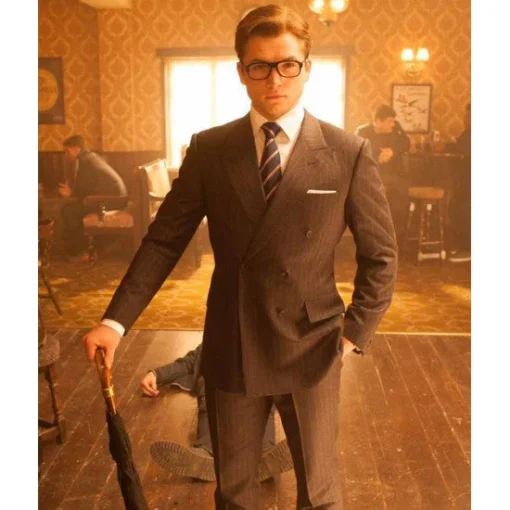 Kingsman The Golden Circle Taron Egerton Eggsy Pinstripe Double Breasted Dress Suit