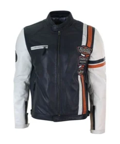 Navy Blue White Leather Biker Jacket