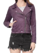 Zip Up Faux Suede Biker Moto Jacket For Women's