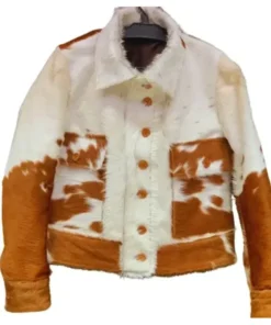 Brown Fur White And Camel Cowhide Leather Jacket front