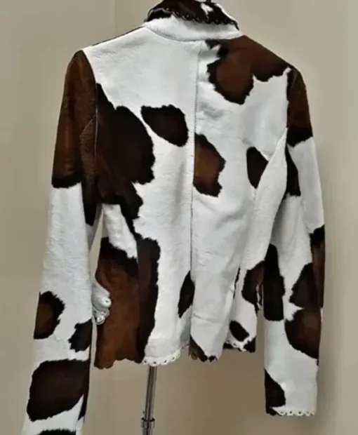 Cowhide Brown And White Floral Design Leather Jacket back