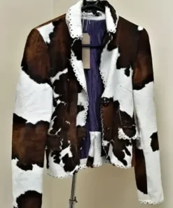 Cowhide Brown And White Floral Design Leather Jacket front