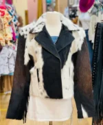 Cowhide Fur Biker Collar Black And White Jacket front