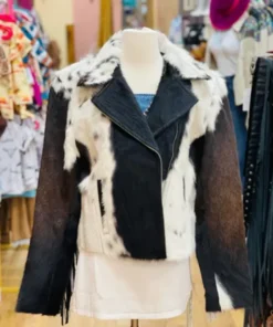 Cowhide Fur Biker Collar Black And White Jacket front