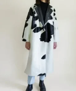 Cowhide Fur Black And White Leather Long Coat front