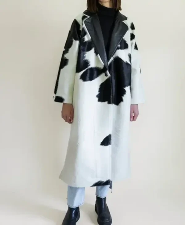 Cowhide Fur Black And White Leather Long Coat front