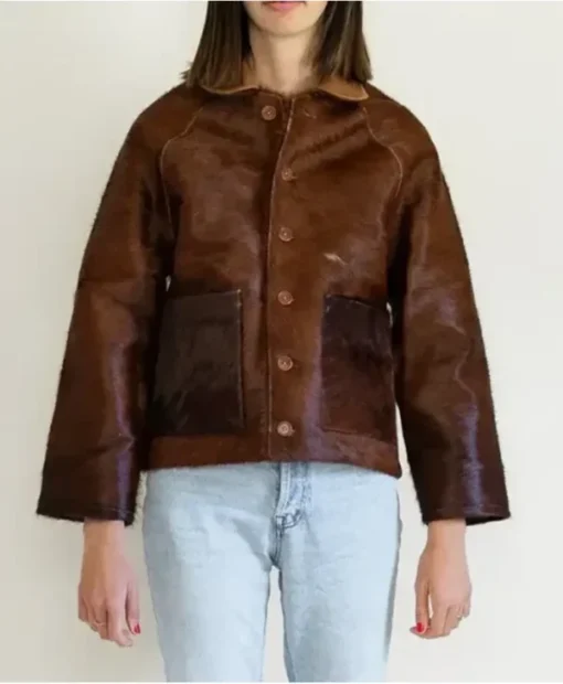 Cowhide Fur Brown Leather Jacket front