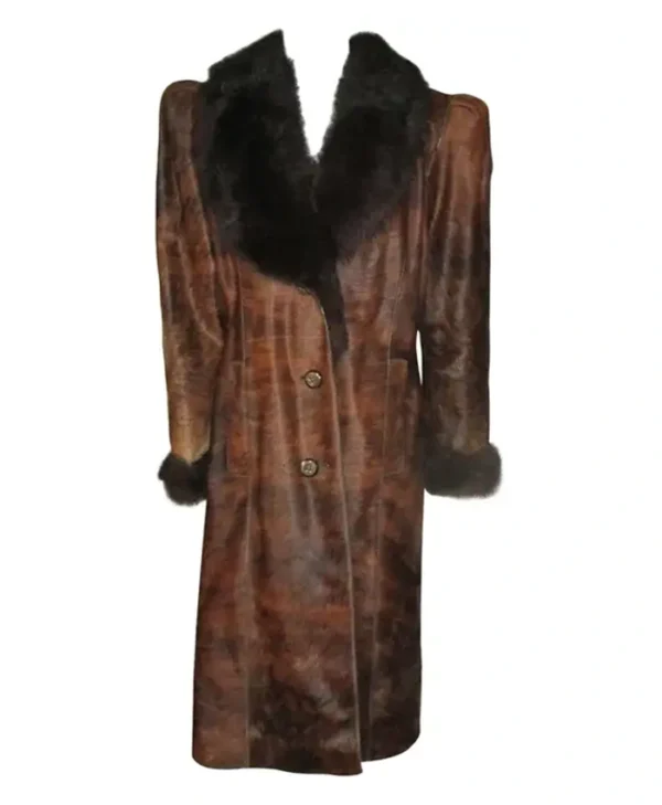 Cowhide Fur Dark Brown Leather Long Coat front