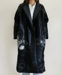 Cowhide Fur Pattern Black Leather Long Coat front