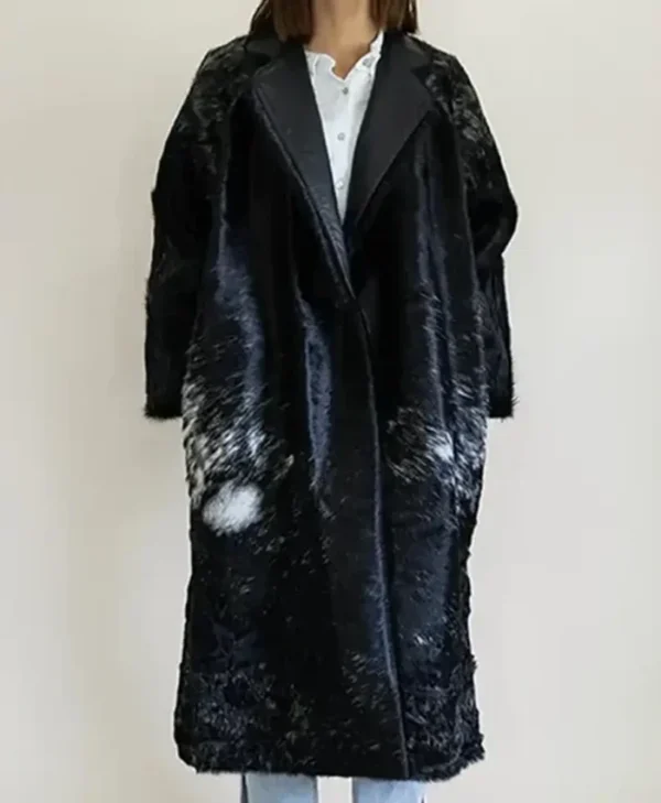 Cowhide Fur Pattern Black Leather Long Coat front