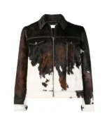 Cowhide Leather Fur Brown And White Trucker Jacket front