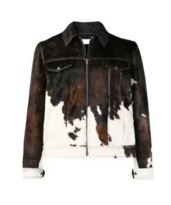 Cowhide Leather Fur Brown And White Trucker Jacket front