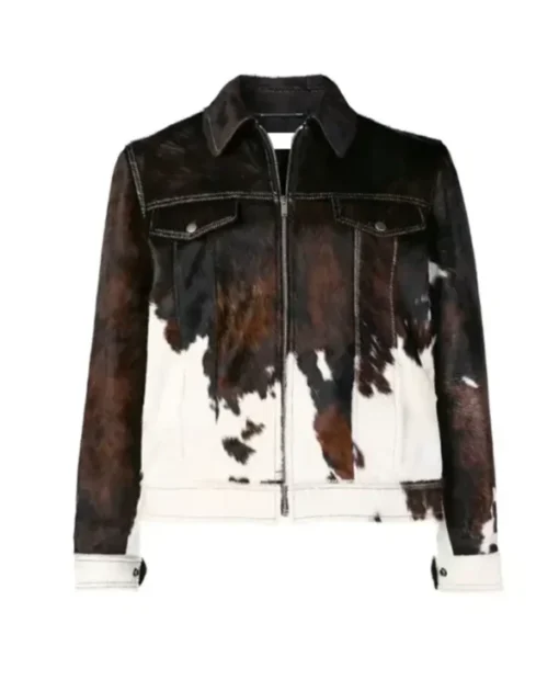 Cowhide Leather Fur Brown And White Trucker Jacket front