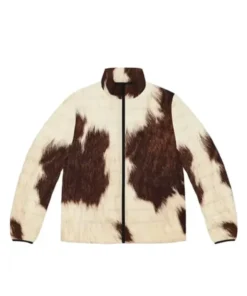 Cowhide Print Puffer Style Leather Jacket front