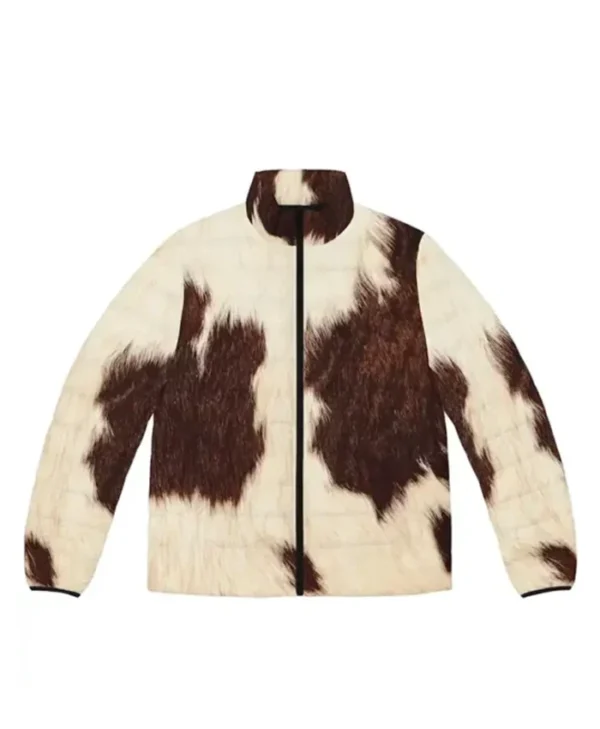 Cowhide Print Puffer Style Leather Jacket front