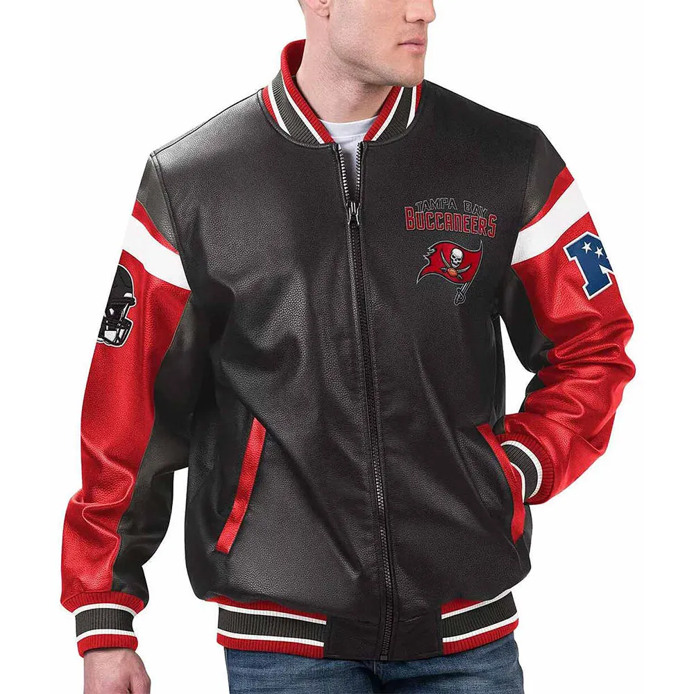 Men's Tampa Bay Buccaneers Black Bomber Leather Jacket front