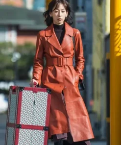 The Trunk No In Ji Red Leather Trench Coat front