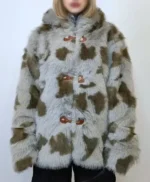 Women's Cowhide Grey And Green Fur Jacket front