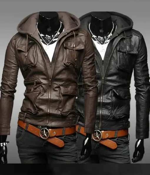 Slim Fit Hooded Leather Jacket buy