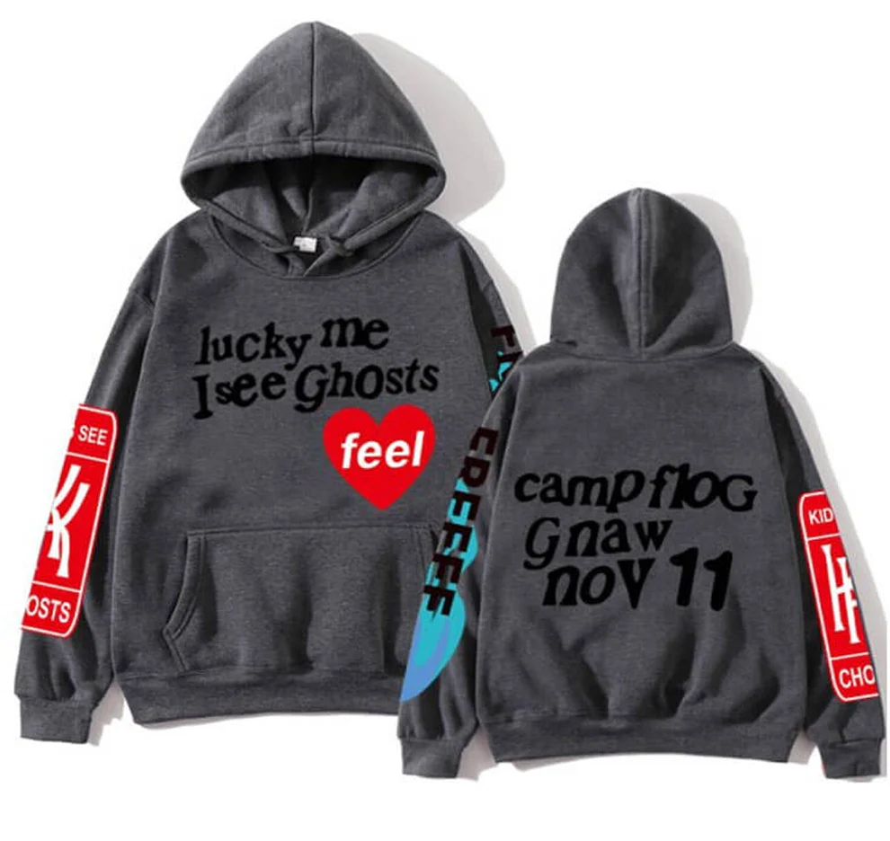 Kanye West Graffiti Letter Lucky me I see Ghosts Hoodie Dark Grey