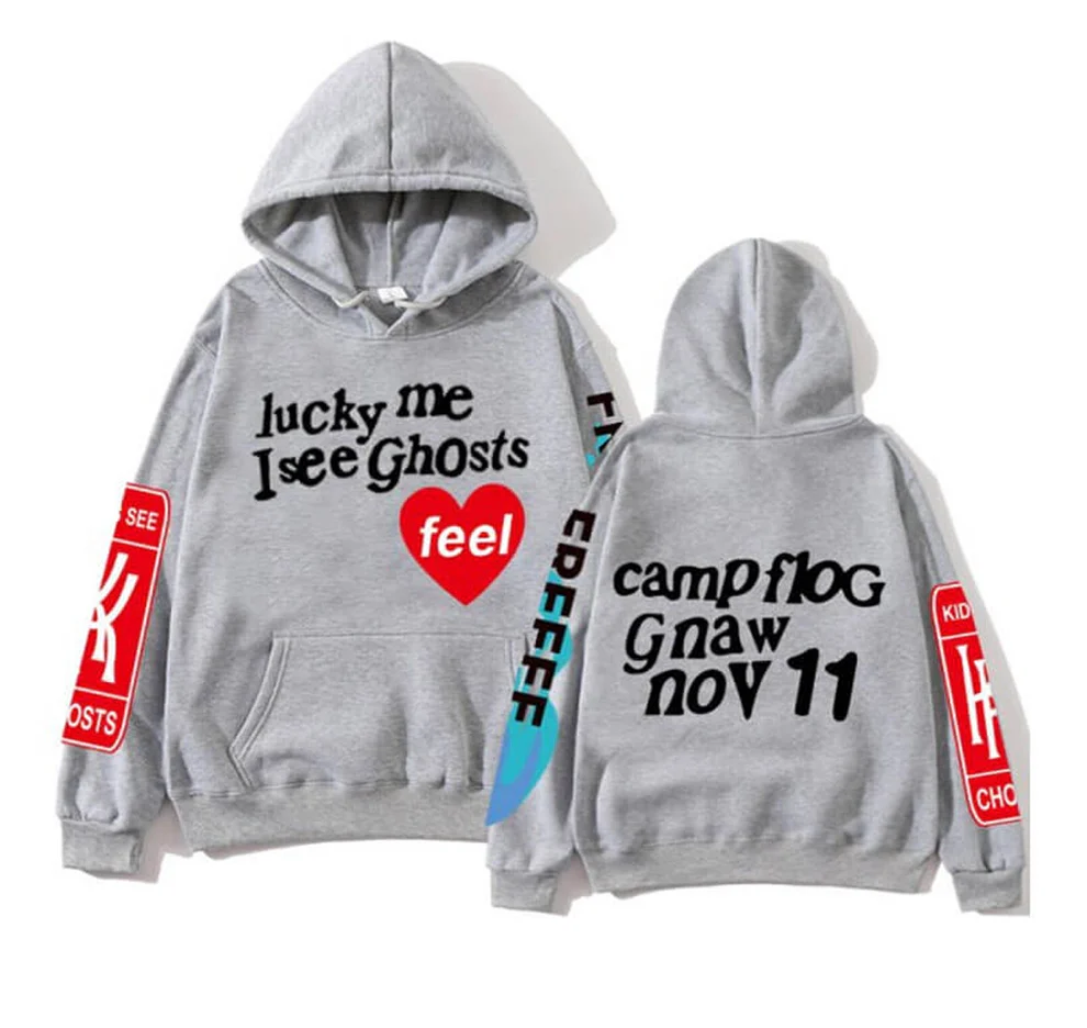 Kanye West Graffiti Letter Lucky me I see Ghosts Hoodie Grey