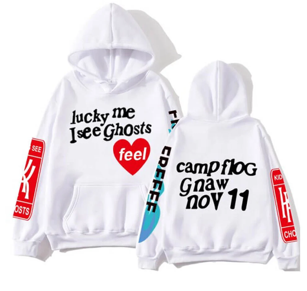 Kanye West Graffiti Letter Lucky me I see Ghosts Hoodie White