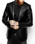 Slim Fit Leather Black Blazer
